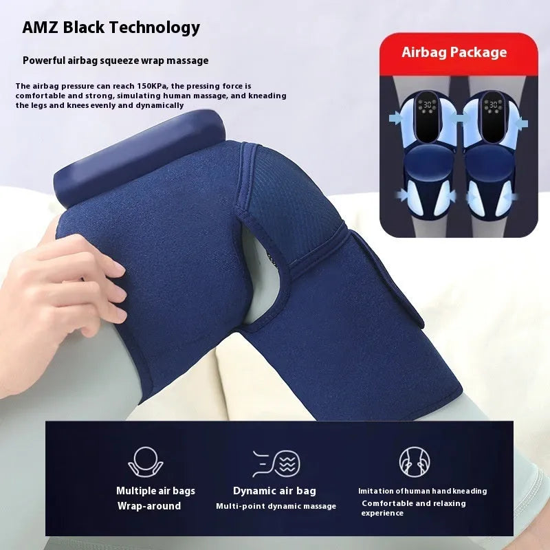 Blue self-heating knee massager showing airbag construction and control interface