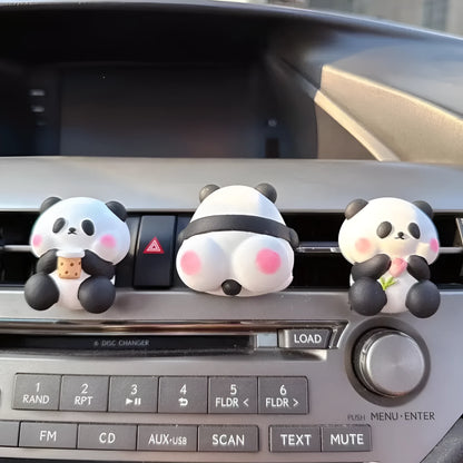 Cute panda car air freshener vent clip in three designs: back panda, flower panda, and milk tea panda