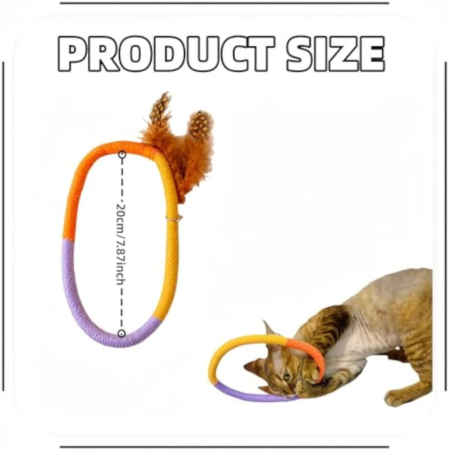 Green circular cotton rope cat toy with feathers and catnip for dental play