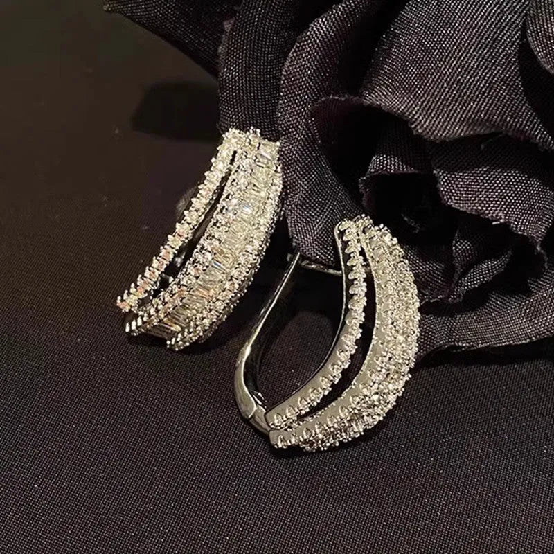Women's white gold colour geometry stud earrings with inlaid zircon stones on copper setting