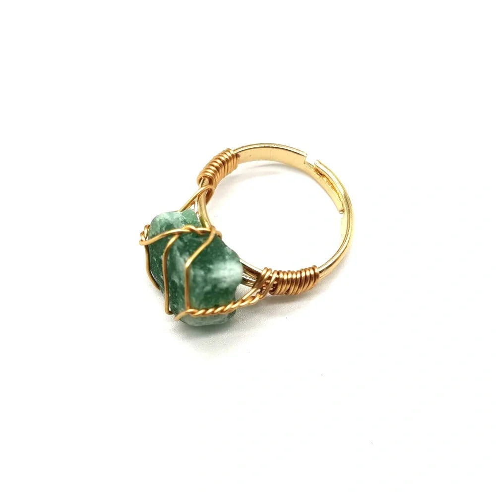 Adjustable hand-wrapped rough stone agate ring in various colours with ethnic design
