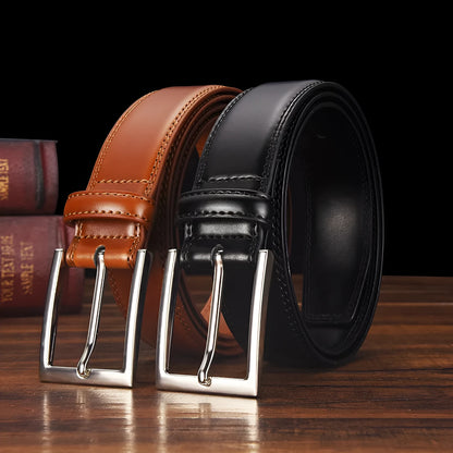 Men's genuine leather belt with pin buckle in black and brown colour options showing length measurements