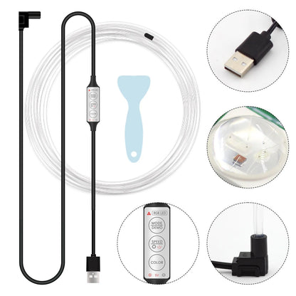 USB-powered RGB LED light strip for car interior with manual controller and five length options.