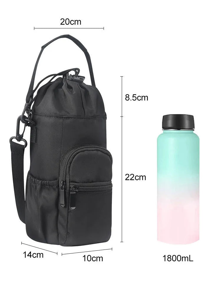 Black cloth crossbody water bottle pouch bag holding a reusable flask.