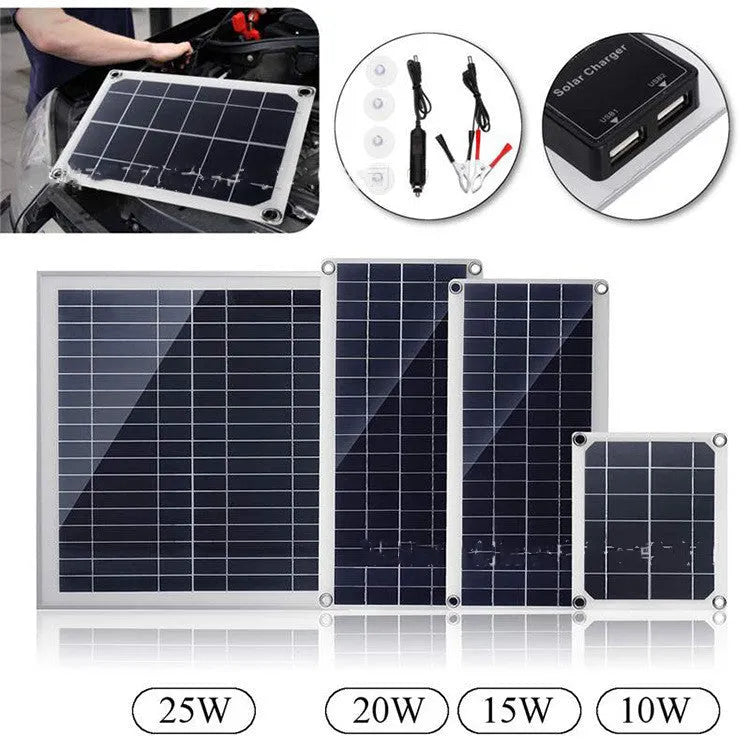 Polysilicon solar panel with dual USB ports for outdoor charging of mobile phones and tablets.