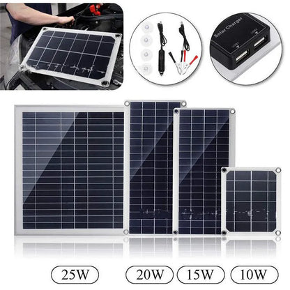Polysilicon solar panel with dual USB ports for outdoor charging of mobile phones and tablets.