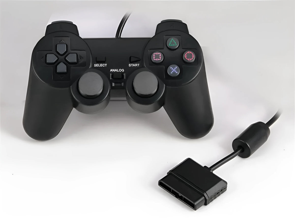 PS2 wired vibration game controller with ABS plastic housing and USB cable