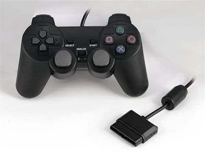 PS2 wired vibration game controller with ABS plastic housing and USB cable