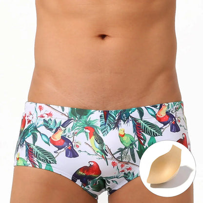 Men's flower-bird print nylon swimming trunks with cup cover in boxer brief style
