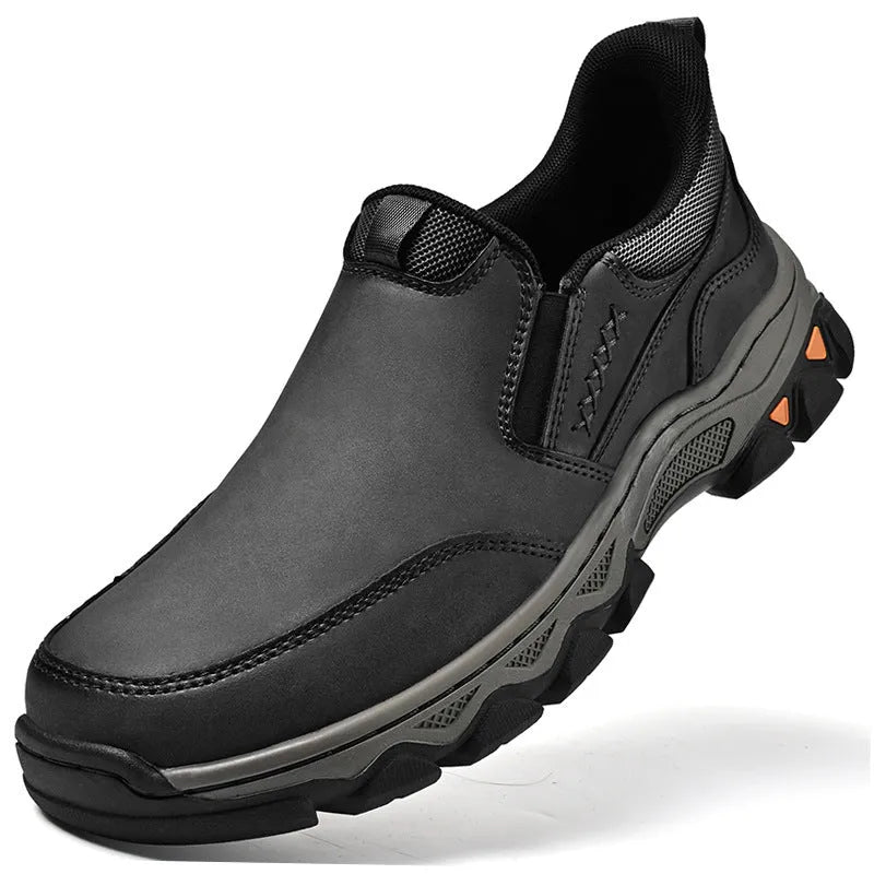 Men's round-toe casual leather shoes with a flat heel and rubber sole in black, brown, or grey.