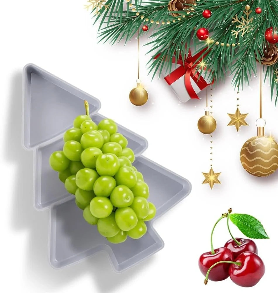 Christmas tree shaped plastic platter with divided sections for snacks and desserts