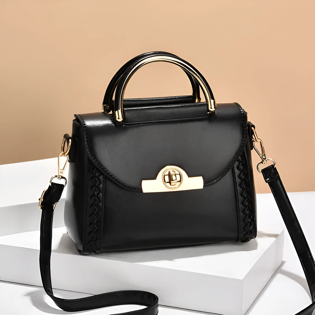 Women's PU leather crossbody messenger bag with double connector strap, soft handle, horizontal square shape, sold in black white or green