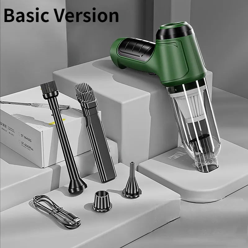 Car mounted brushless handheld inflatable vacuum cleaner with EVA bag on green background