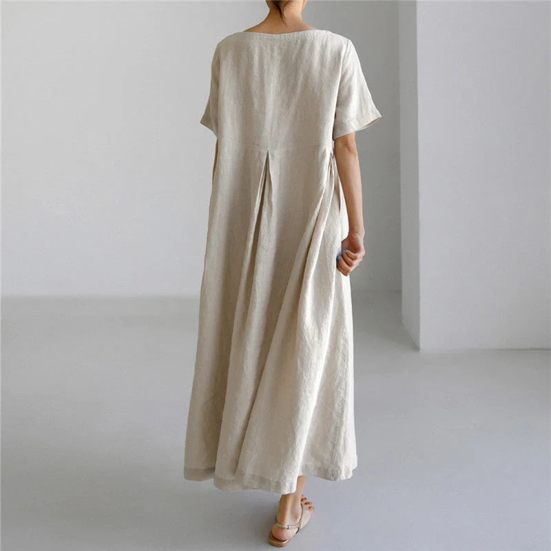 Loose cotton and linen dress in navy blue, army green, and apricot