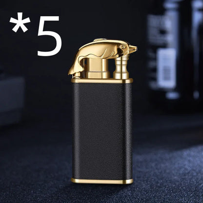 Metal windproof lighter with double flame and dragon design, showing flame from mouth.