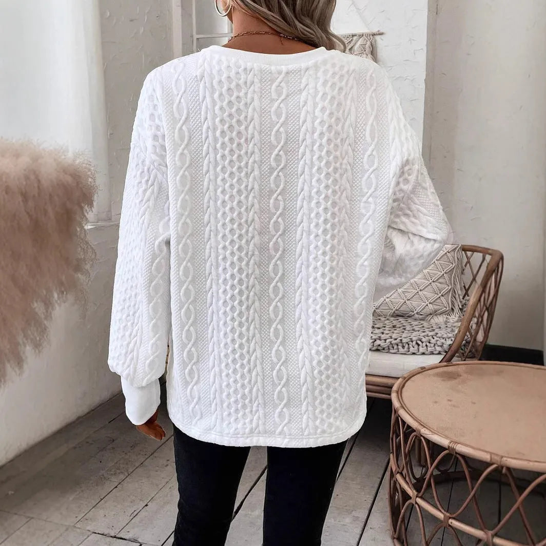 Milky white loose fit long sleeve t-shirt with a 3D pattern, Japanese Korean casual style.