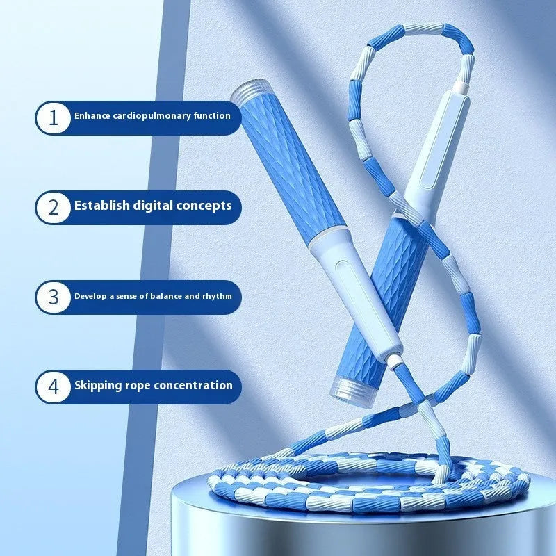 Children's bamboo bead skipping rope in blue with soft PP beads and non-knotted design
