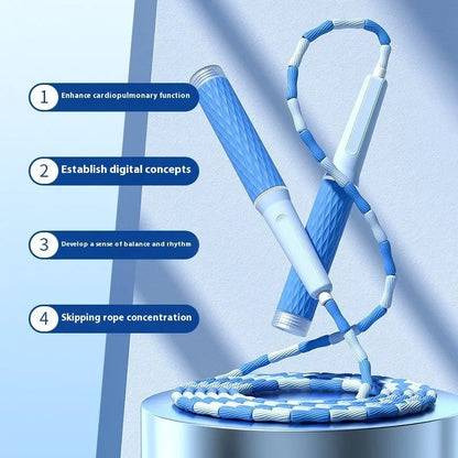 Children's bamboo bead skipping rope in blue with soft PP beads and non-knotted design