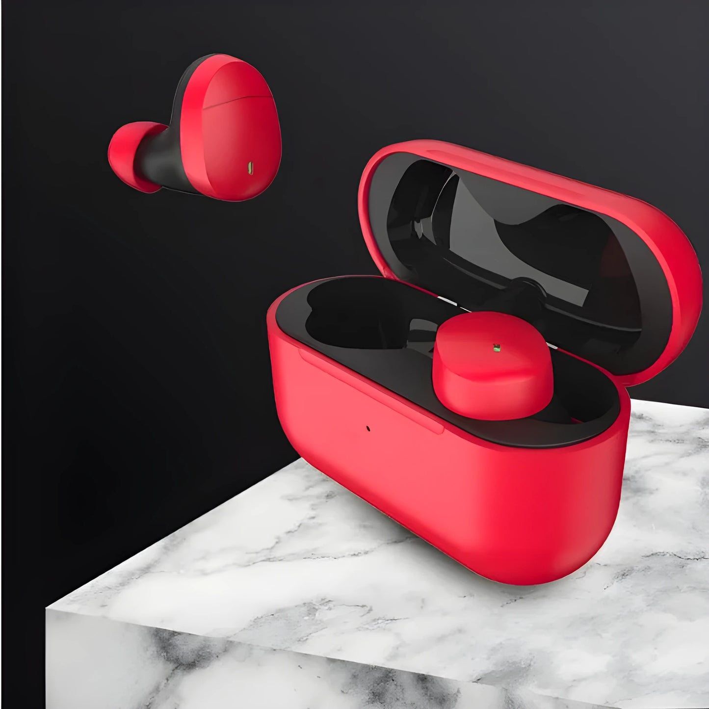 Flame red Qualcomm TWS 3040 Bluetooth wireless earphones with charging cable
