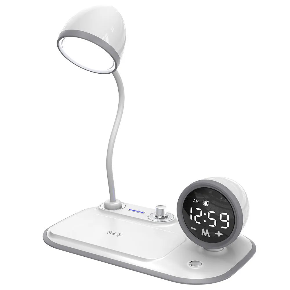 Three-in-one desk lamp with digital clock display, wireless charging pad, and adjustable lighting in black or white finish