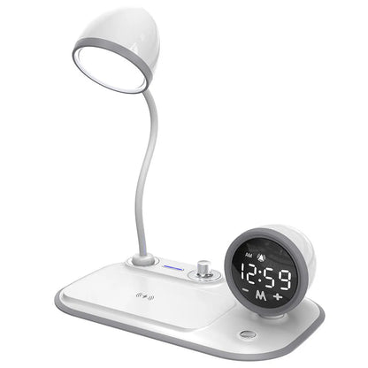 Three-in-one desk lamp with digital clock display, wireless charging pad, and adjustable lighting in black or white finish