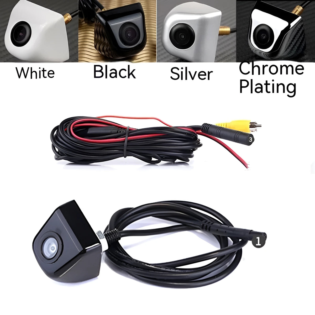 Black metal car reversing camera with lens and integrated wiring cable