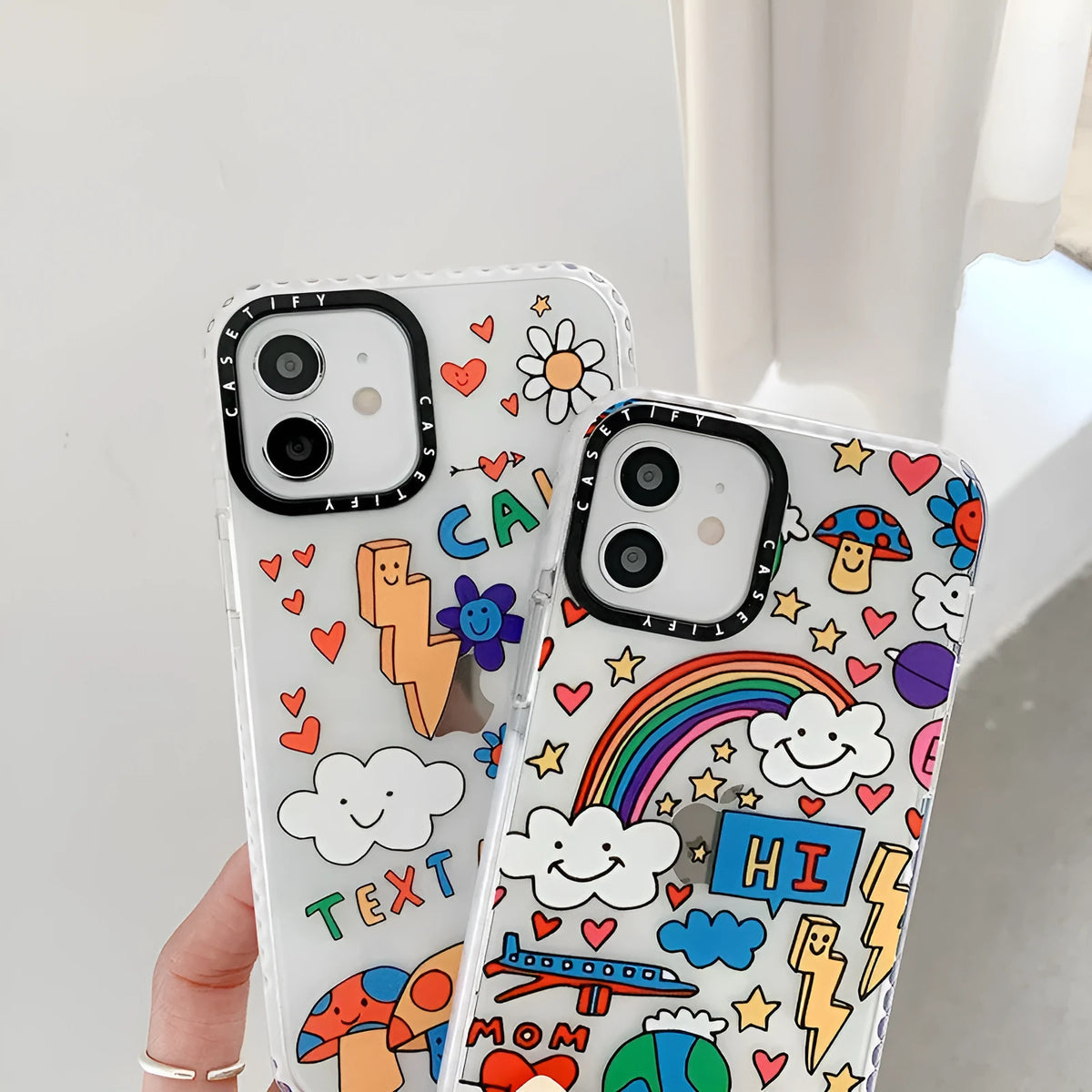 Graffiti TPU iPhone case in high transparency Lightning Mushroom and Lightning Rainbow, back cover with letters and geometry