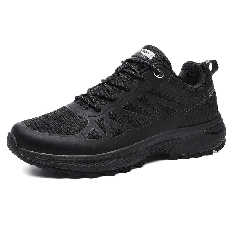 Men's black outdoor running shoes with mesh surface and lace-up closure on neutral background