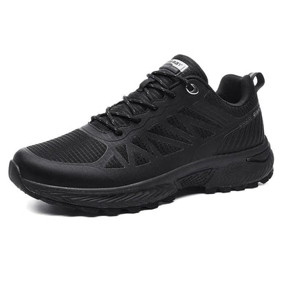 Men's black outdoor running shoes with mesh surface and lace-up closure on neutral background