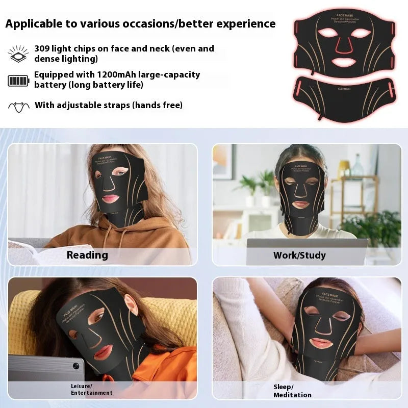 Black gold hard shell IPL and LED red light facial mask beauty device with headband.