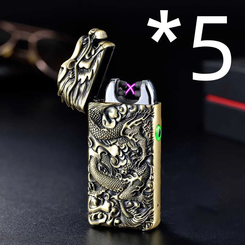 USB rechargeable windproof metal lighter with embossed arc design in multiple colour options