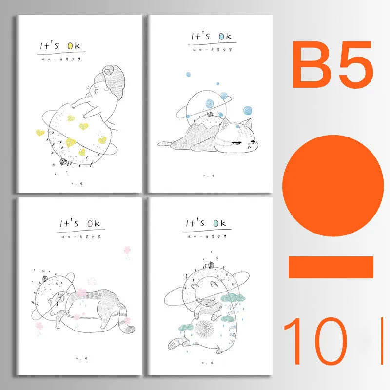 Pack of ten A5 kraft paper thread-bound notebooks with artistic cover designs lying flat.