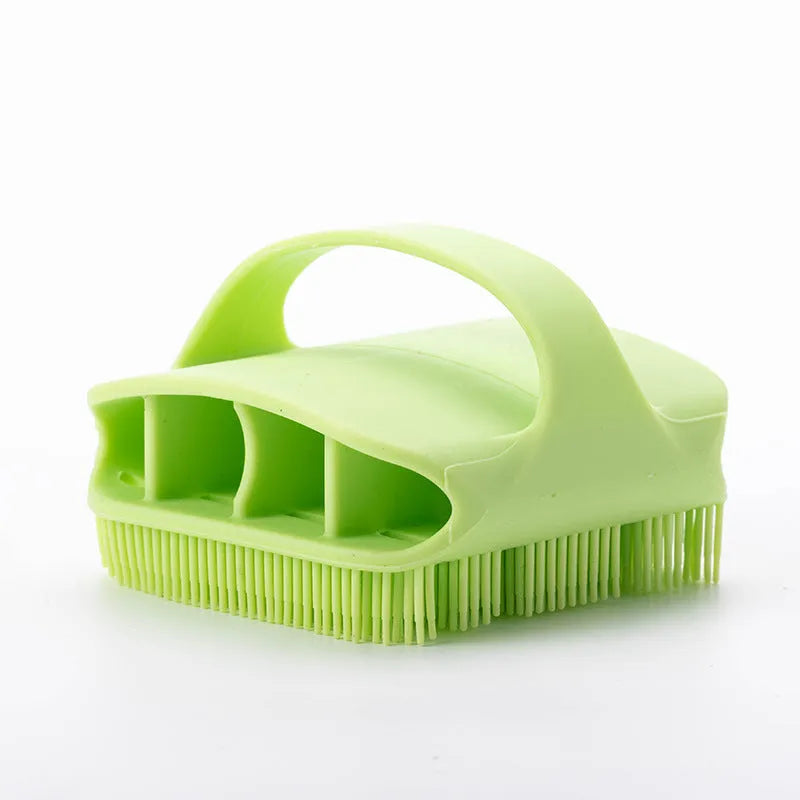 Silicone scalp massager shampoo brush with long bristles and ergonomic handle in assorted colours.