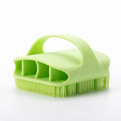 Silicone scalp massager shampoo brush with long bristles and ergonomic handle in assorted colours.