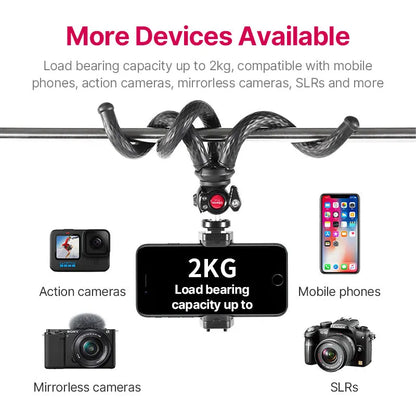 Black octopus-style flexible tripod with phone clip extended to 360mm length