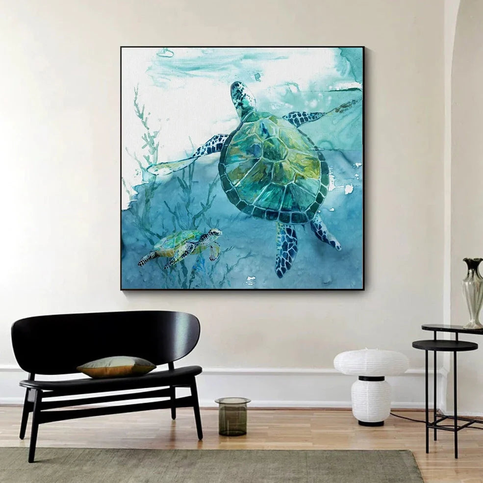 Frameless turtle canvas printing poster in 40x40cm square size with detailed picture colours
