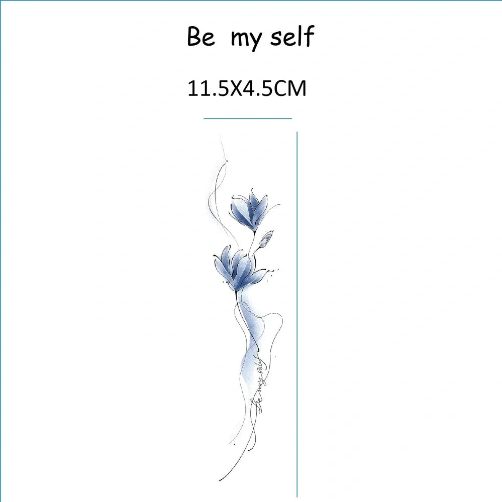 Colourful arm flower temporary tattoo measuring 11.5x4cm with BEMYSELF Be Yourself pattern applied to forearm