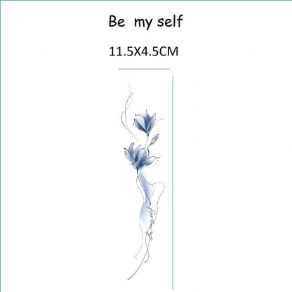 Colourful arm flower temporary tattoo measuring 11.5x4cm with BEMYSELF Be Yourself pattern applied to forearm