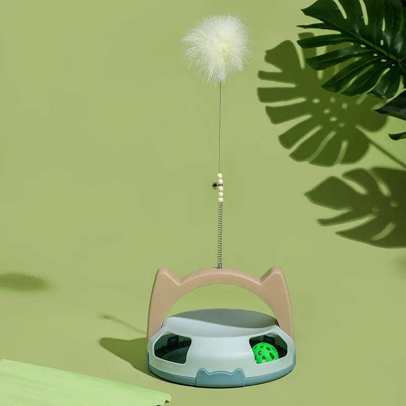 Bite-resistant cat play stick with spinning ball toy on a flexible wire, in blue colour.