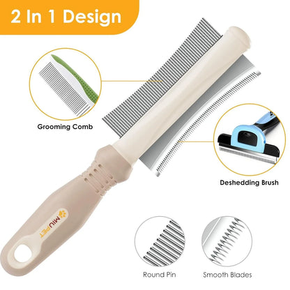 White 2-in-1 dog and cat deshedding brush with grooming comb, curved design, and ergonomic handle