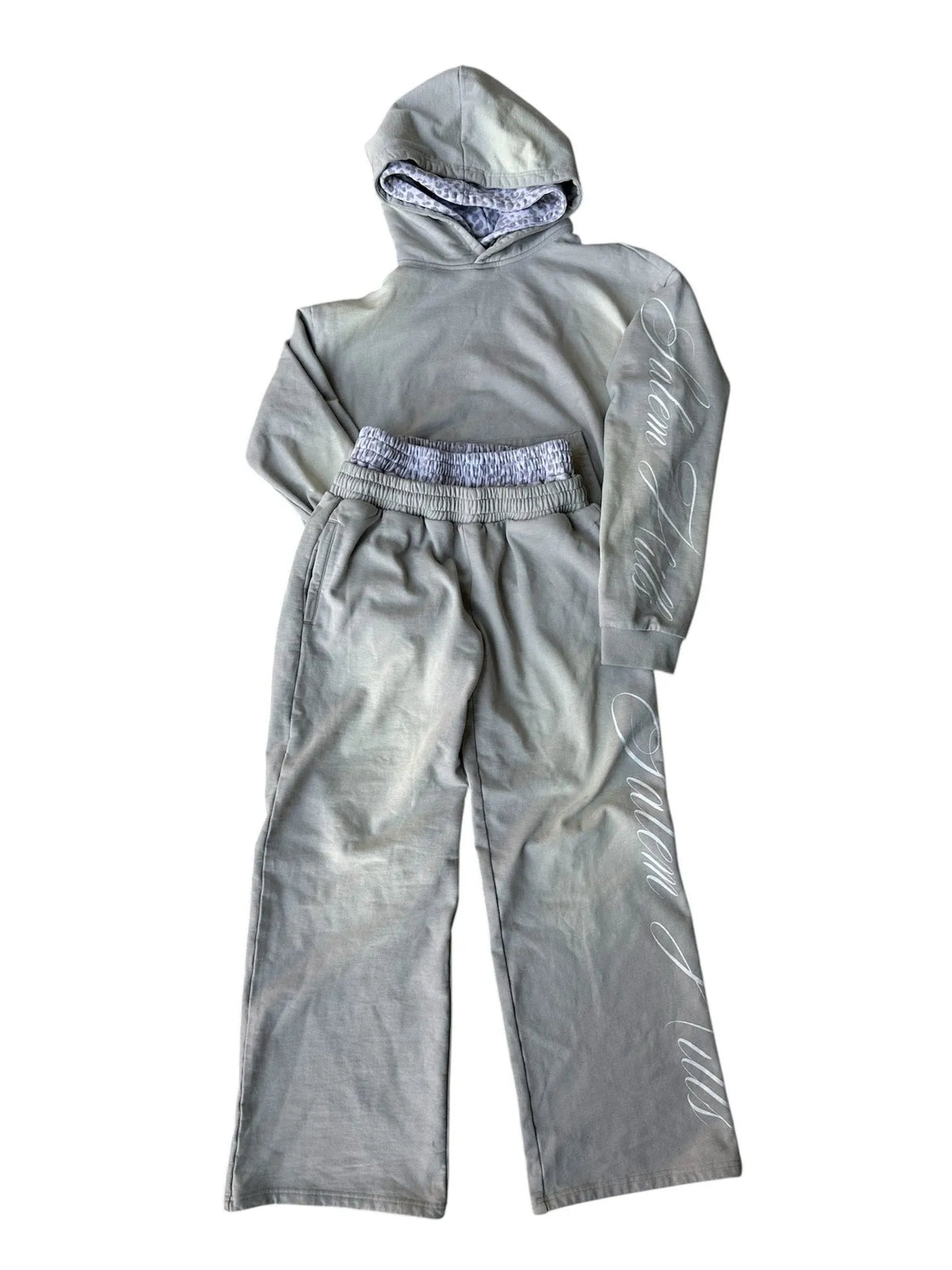 Men's loose fit punk print long sleeve hoodie suit with trousers, fleece-lined.