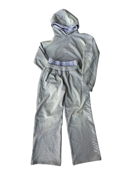 Men's loose fit punk print long sleeve hoodie suit with trousers, fleece-lined.