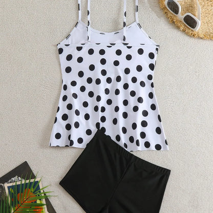 Women's black and white split swimsuit with double-shoulder straps and high-waist briefs