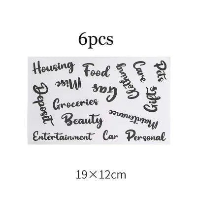 Handwritten label adhesive sticker set showing grid layouts, sticky notes, and A6 rulers on paper