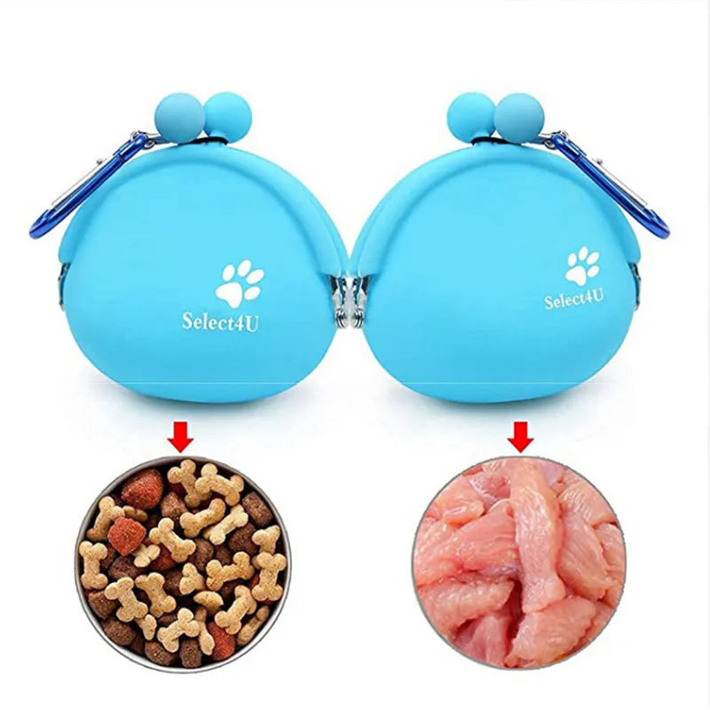 Yellow silicone dog training treat pouch with hook and loop closure, shown on a waistband.