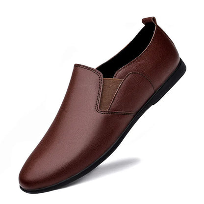 Men's black and brown leather dress shoes with round toe and breathable design