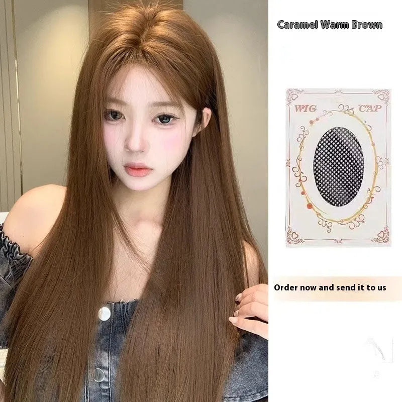 Warm brown long straight lace front wig with centre-parted bangs
