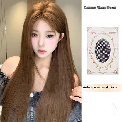 Warm brown long straight lace front wig with centre-parted bangs