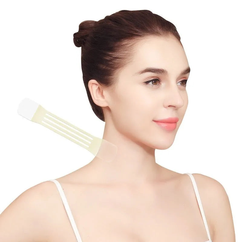 Neck firming adhesive tape patches in skin tone with four packs containing twenty patches total