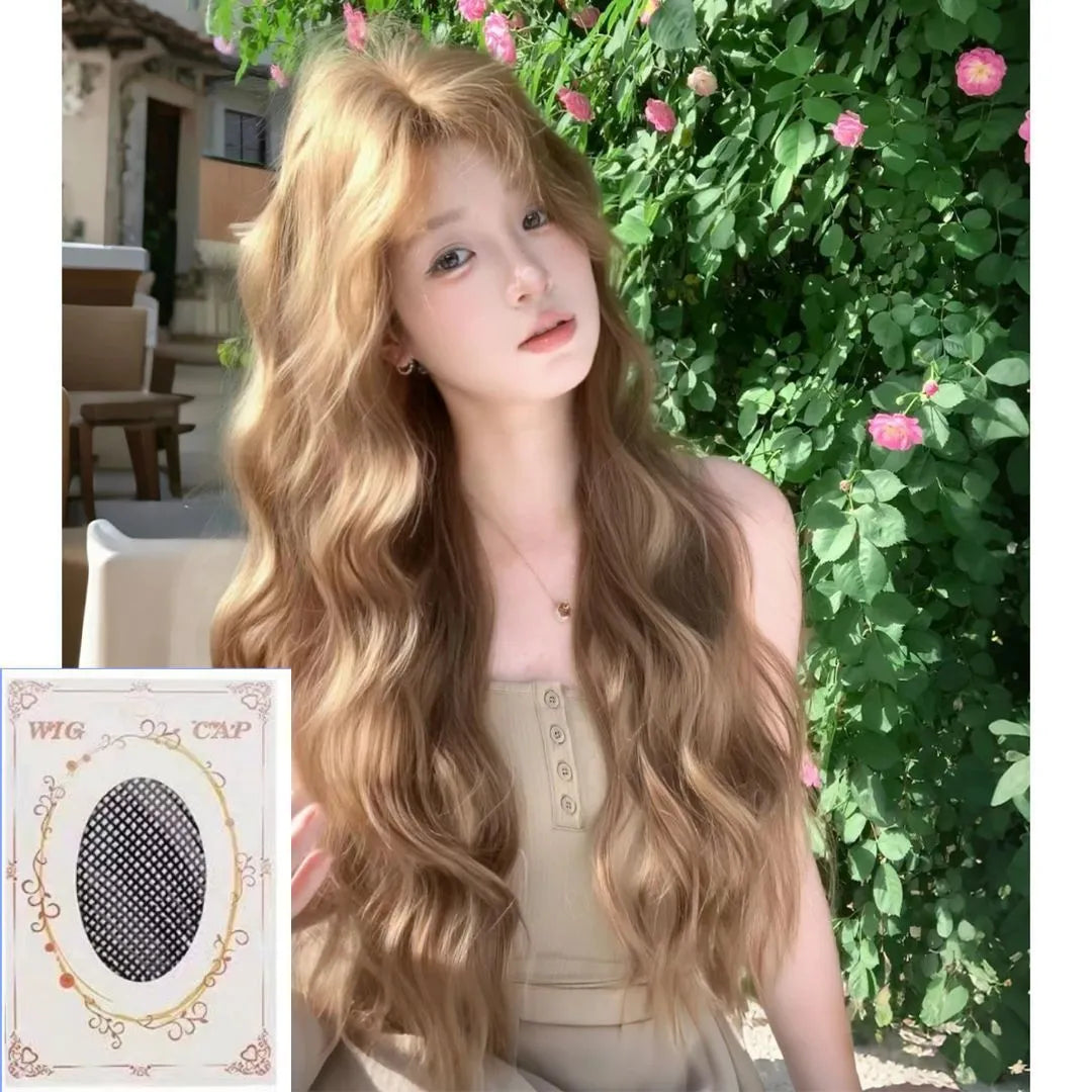 Brown linen medium length curly synthetic wig on display